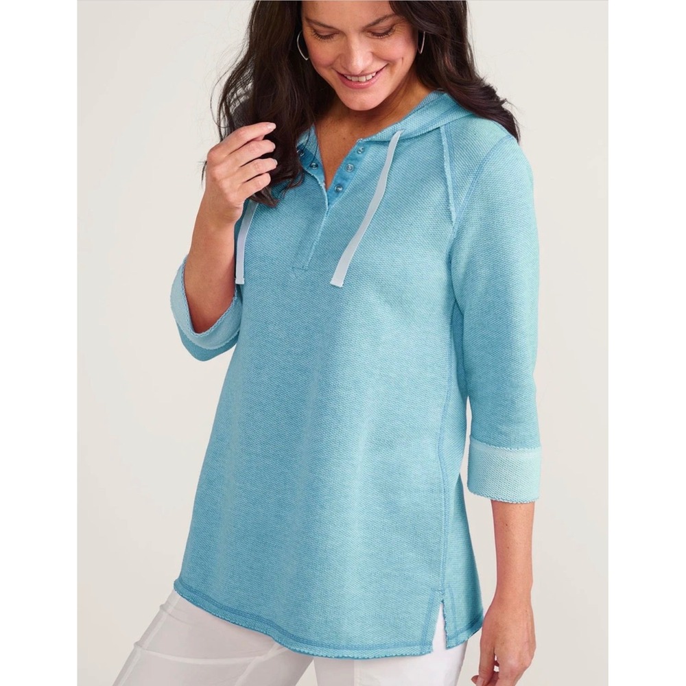 Soft Surroundings Aqua Blue Marl Textured Henley Hoodie Top XL 3/4 Sleeve Beach